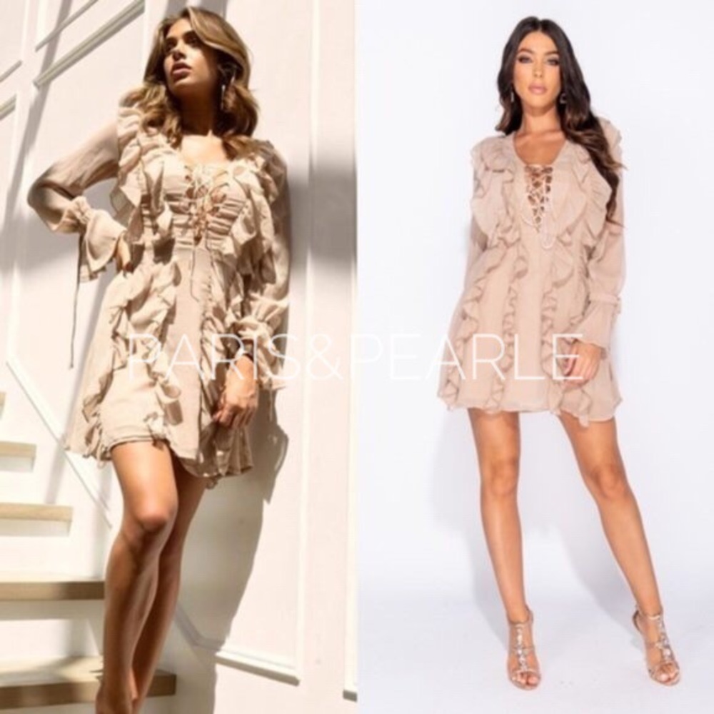 5🌟Lucca Nude Ruffle Tie Front Long Sleeve Dress